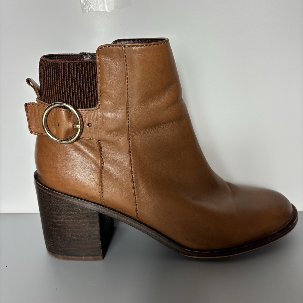 Women's Brown Leather Ankle Boots Block Heel Buckle Side Zip S 8 Comfort Stylish
